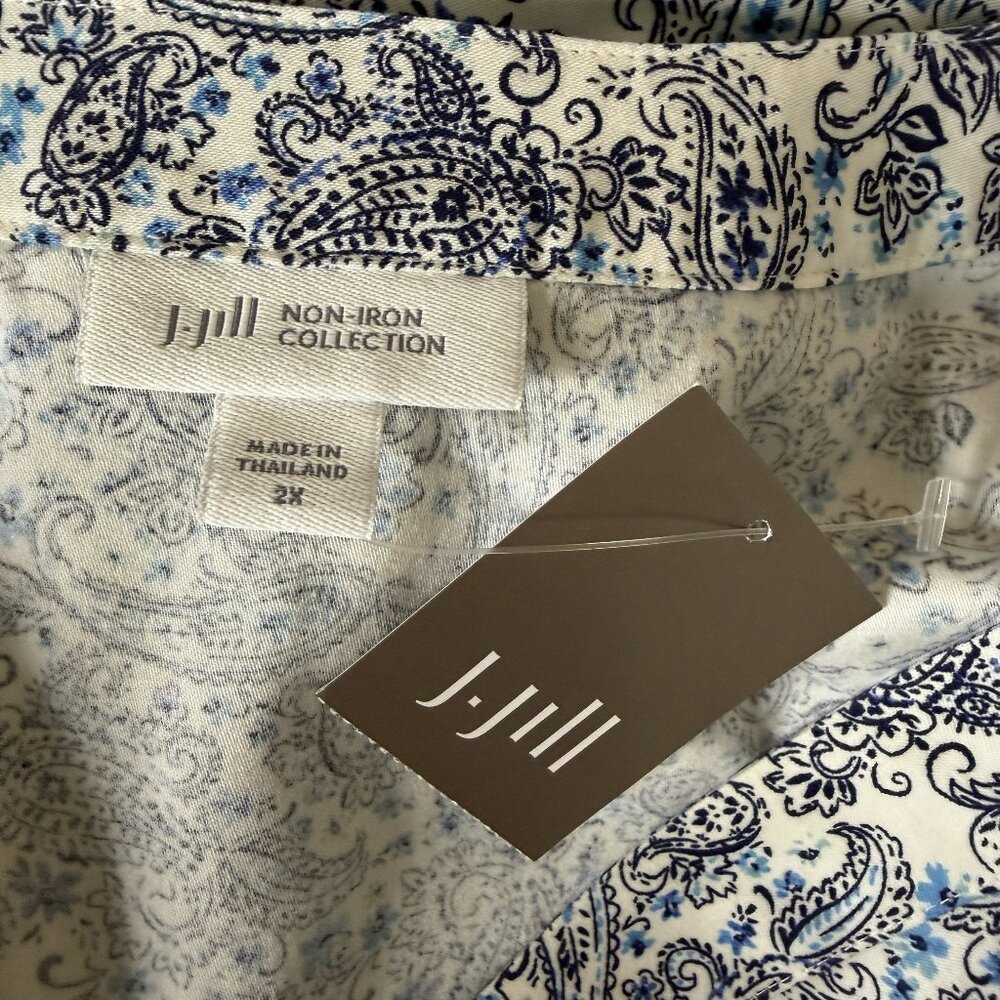 J Jill Non Iron Collection Tunic Top Blouse Shirt Paisley Blue Cream 2X NWT - Picture 7 of 10